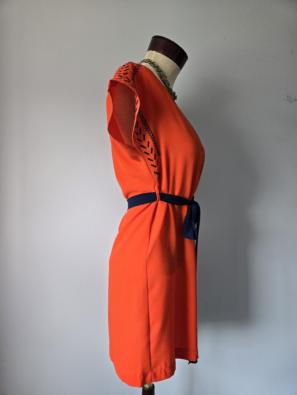 Ya Los Angeles Bright Orange Dress With Navy Embroidery. Belted Dress. Size Sm - Picture 5 of 12